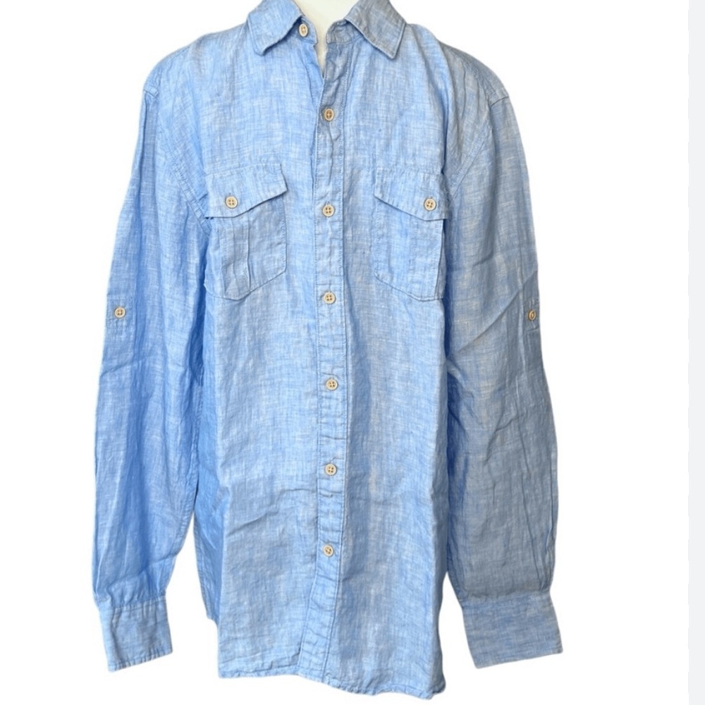 Ocean Coast Men 100% Linen Button Up Shirt Large Blue Beach Resort Cruise Vaca